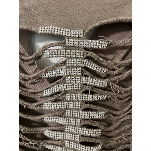 Sydney Tunic Top Large Taupe Jewel Rhinestone Shredded Back Long Sleeve Pockets - Picture 3 of 4